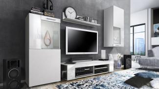 Vladon Wohnwand Movie, Anbauwand bestehend aus 1 TV-Board, 2 Vitrinen und 1 Regal, Weiß matt/Weiß matt/Weiß Hochglanz (Gesamt: 300 x 190 x 39 cm)