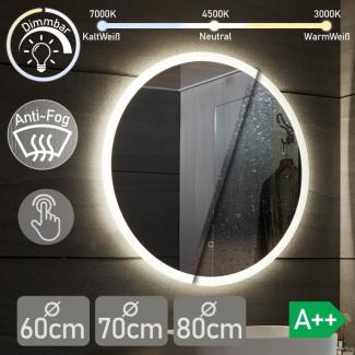 Aquamarin® LED-Badspiegel rund, beschlagfrei, dimmbar, energiesparend, Ø60 cm, 3000-7000K