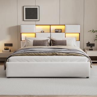 Merax 160*200cm Flachbett, verstellbares Umgebungslicht, mehrere Ablagefächer an der Seite des Bettes, USB-Anschluss, Beige