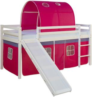 Homestyle4u Spielbett mit Tunnel und Rutsche, Pink, Kiefernholz pink / weiß, 90 x 200 cm