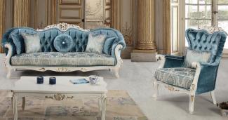 Casa Padrino Luxus Barock Wohnzimmer Set Blau / Weiß / Gold - 2 Sofas & 2 Sessel & 1 Couchtisch - Prunkvolle Wohnzimmer Möbel im Barockstil