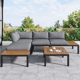 Merax Gartenlounge-Set wetterfest Lounge Set ,Rahmen aus verzinktem Stahl, (2x 2-Sitzer-Sofa, 2x Beistelltisch, 1x Tisch), Akazienholz Tischplatte ,Stoffbezug kann die Rückseite des Stuhls abdecken, Grau