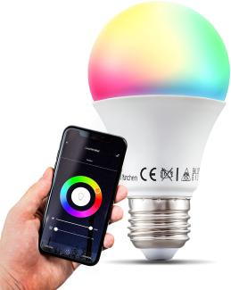 B. K. Licht - Smart Home LED Lampe E27 smart via App- und Sprachsteuerung, buntes RGB Licht, 9 Watt, 806 Lumen, LED, LED Glühbirne, LED Leuchtmittel, LED Birne, Glühlampen, Smart Bulb, 6x11,2 cm, Weiß