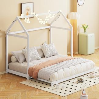 Merax Ausziehbares Bett, Schlafsofa 90/180 x 190 cm, Massivholzbettgestell mit Lattenrost Einzelbett Gästebett, weiß