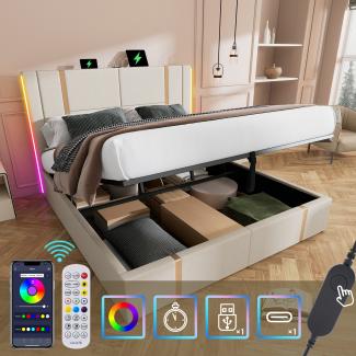 Merax Polsterbett Doppelbett USB Type C Ladefunktion APP-Control LED 140×200 Stauraumbetten Bettgestell, Lattenrost aus Holz,Beige Leinenmaterial (Ohne Matratze)