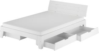 Weißes Bett 140x200 Kiefer massiv mit 3-teiligem Schubladenset Zubehör wählbar V-60. 54S8-14WRollrost und Matratze inkl.