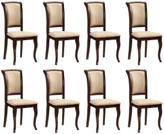 Casa Padrino Jugendstil Esszimmer Stuhl 8er Set Creme / Gold / Dunkelbraun 44 x 44 x H. 96 cm - Elegante Massivholz Küchen Stühle mit Streifen - Barock & Jugendstil Esszimmer Möbel
