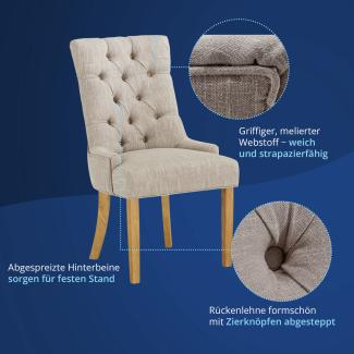 KHG 4er Set Esszimmerstühle Relax-Sessel grau Webstoff, kleine Armlehnen - Rückenlehne mit Zierknöpfen, Massivholz Stuhlbeine - Küchenstuhl, Design Stuhl Lounge Sessel