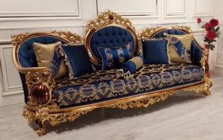 Casa Padrino Luxus Barock Sofa Blau / Gold / Braun - Prunkvolles Wohnzimmer Sofa mit elegantem Muster - Barock Wohnzimmer Möbel