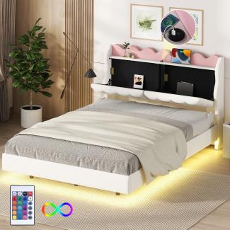 Merax 140 x 200cm Doppelbett, Polsterbett, Hängebett, mit Nachtkästchen, mit Lichtleiste, mit USB-Ladeanschluss, Beige