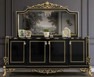 Casa Padrino Luxus Barock Möbel Set Schwarz / Gold - 1 Sideboard mit 4 Türen & 1 Spiegel - Edle Barock Möbel - Edel & Prunkvoll