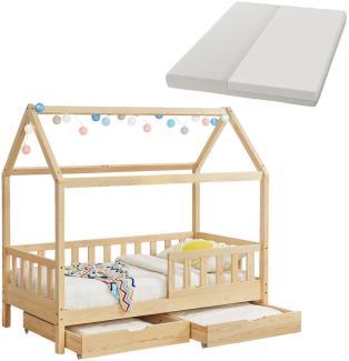 Juskys Kinderbett Marli 90 x 200 cm mit Matratze, Bettkasten, Rausfallschutz, Lattenrost & Dach - Massivholz Hausbett für Kinder - Bett in Natur