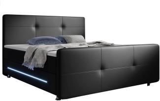 Juskys Boxspringbett Oakland 140 x 200 cm – Bett mit Federkern-Matratze, LED & Kopfteil – Bettgestell aus Holz & Metall mit Kunstleder-Bezug Schwarz