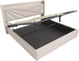 Merax Hydraulisches Polsterbett 140x200 Stauraumbett Doppelbett aus Leinen mit USB Typ C Ladefunktion & Lattenrost Beige