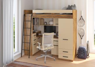Domando Hochbett Tremosina Modern Breite 204cm, mit integrierten Schränken, Schreibtisch, Regal und Spiegel in Eiche Burgunder und Creme