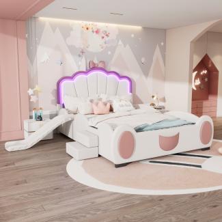 Merax 140*200cm Kinderbett Polsterbett, Schmetterlingsbett LED-Farbwechsellicht, Fernbedienung, ausgestattet mit Rutsche und Leiter, PU-Material, schöne Form, rosa + weiß