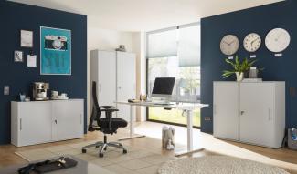 Büromöbel Shove Pronto komplett Set 4 teilig in Grau mit elektrisch höhenverstellbaren Schreibtisch und drei verschieden großen, abschließbaren Aktenschränken - MD111001