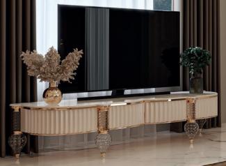 Casa Padrino Luxus Art Deco TV Schrank Weiß / Grau / Gold 246 x 60 x H. 56 cm - Massivholz Sideboard mit edler Kunstmarmor Platte - Art Deco Wohnzimmer Möbel - Luxus Wohnzimmer Möbel
