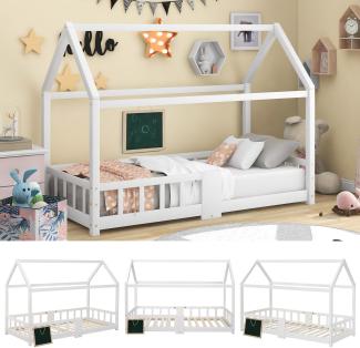 Merax Kinderbett Hausbett 90 x 200 cmHolzbett für Kinderzimmer inkl. Tafel Lattenrosten Rausfallschutz, aus KiefernholzWeiß (ohne Matratze)