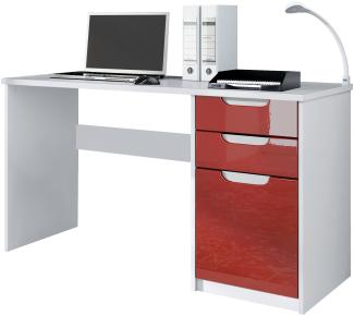 Vladon Schreibtisch Logan, Bürotisch mit 2 Schubladen und 1 Tür, Weiß matt/Bordeaux Hochglanz (129 x 76 x 60 cm)