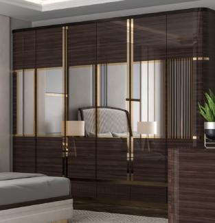 Casa Padrino Luxus Schlafzimmerschrank Dunkelbraun / Schwarz / Gold - Verspiegelter Kleiderschrank mit 6 Türen - Schlafzimmer Möbel - Hotel Möbel - Luxus Möbel - Luxus Einrichtung