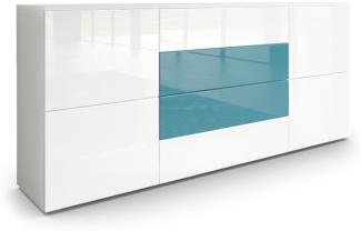 Vladon Sideboard Rova, Kommode mit 4 Türen und 4 Schubladen, Weiß matt/Weiß Hochglanz/Petrol Hochglanz (166 x 72 x 35 cm)
