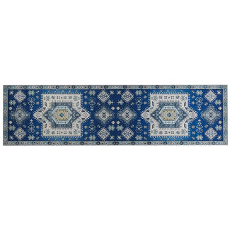 Teppich blau beige orientalisches Muster 80 x 300 cm Kurzflor PARVAKADLI