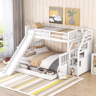 Merax 90 x 200 über 140 x 200 Etagenbett für Kinder und Jugendliche, Kinderbett, mit Schubladen, Stauraum und Rutsche, multifunktional, weiß (Ohne Matratze)