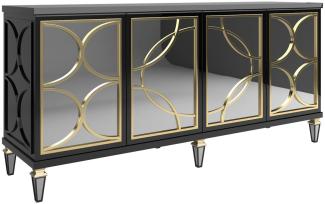 Casa Padrino Luxus Barock Sideboard Schwarz / Gold 220 x 55 x H. 105 cm - Prunkvoller Schrank mit 4 verspiegelten Türen - Barock Möbel