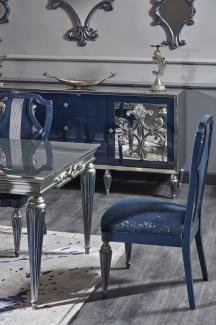 Casa Padrino Luxus Barock Esszimmer Set Blau / Silber - Esstisch und 6 Esszimmerstühle - Barock Esszimmermöbel