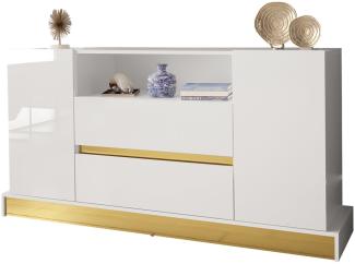 Kommode Merista 04, Weiß / Weiß Hochglanz + Gold, 170x86x40cm