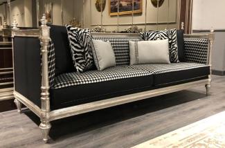 Casa Padrino Luxus Barock Sofa Schwarz / Silber / Antik Silber - Wohnzimmer Sofa mit elegantem Muster - Edel & Prunkvoll