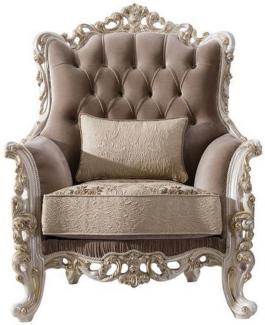 Casa Padrino Luxus Barock Wohnzimmer Sessel mit dekorativem Kissen Braun / Beige / Weiß / Gold 97 x 90 x H. 120 cm - Edle Barock Wohnzimmer Möbel