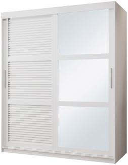Kleiderschrank Zerimo II 150 cm, Spiegel, Kleiderstangen, Einlegeböden, Schwebetürenschrank (Farbe: Weiß, mit Schubladen)