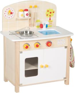 roba Spielküche, Kinderküche aus Holz, weiß/natur, Spielzeug-Küchenzeile mit 2 Kochstellen, Spüle, Wasserhahn & Zubehör