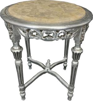 Casa Padrino Barock Beistelltisch Silber / Creme - Handgefertigter Massivholz Tisch mit Marmorplatte - Barock Wohnzimmer Möbel