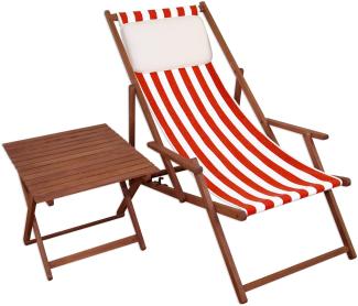 Gartenliege rot-weiß Liegestuhl Tisch Kissen Sonnenliege Deckchair Buche dunkel 10-314 T KH