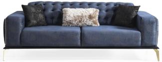 Casa Padrino Luxus Art Deco Chesterfield Sofa Blau / Grau / Schwarz / Messingfarben 236 x 99 x H. 86 cm