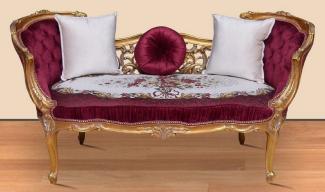 Casa Padrino Barock Sitzbank Lila / Weiß / Gold 150 x 55 x H. 80 cm - Prunkvolle Massivholz Bank mit edlem Blumenmuster - Möbel im Barockstil