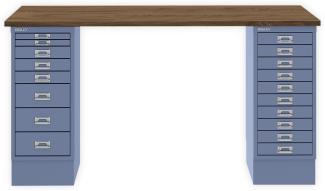 MultiDesk, 1 MultiDrawer mit 10 Schüben, 1 MultiDrawer mit 8 Schüben, Dekor Nussbaum, Farbe Blau, Maße: H 740 x B 1400 x T 600 mm