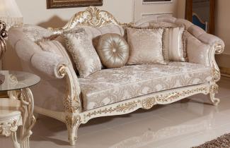 Casa Padrino Luxus Barock Sofa Grau / Silber / Weiß / Gold - Handgefertigtes Barockstil Wohnzimmer Sofa mit elegantem Muster - Prunkvolle Barock Wohnzimmer Möbel