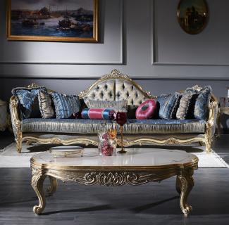 Casa Padrino Luxus Barock Wohnzimmer Set - 1 Chesterfield Sofa Dunkelblau / Antik Gold & 1 Couchtisch Weiß / Antik Gold - Wohnzimmermöbel - Barockmöbel