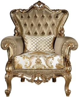 Casa Padrino Luxus Barock Wohnzimmer Sessel mit dekorativem Kissen Gold / Weiß 98 x 90 x H. 117 cm - Prunkvolle Barock Möbel