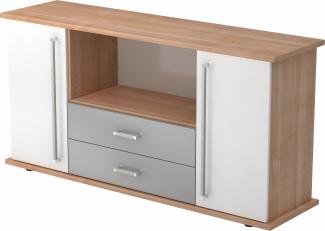 bümö® Sideboard mit Türen, Schubladen und Chromgriffen in Nussbaum/Weiß