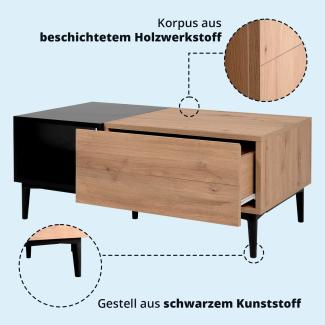 KHG Couchtisch mit 2 Fächern & 1 Schubladen modern, Wohnzimmer-Tisch aus Holzwerkstoff Holzoptik lackiert, Gestell & Akzente in schwarz - 120 x 50 x 38 cm (B/H/T)