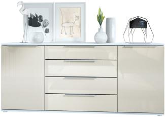 Vladon Sideboard Linio V2 166,5 x 72,5 x 35 cm Anrichte mit 2 Türen und 4 Schubladen, Korpus in Weiß matt, Fronten in Creme Hochglanz