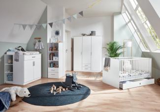 Babyzimmer Kiel 7 teilig in Weiß mit KleiderSchrank, Kinderbett Babybett mit Lattenrost, Bettschubkasten und Umbauseiten, Wickelkommode und Regalen - Kinderzimmer komplett Set von Wimex - MD110888