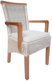 Esszimmer Stuhl mit Armlehnen Rattanstuhl weiß Perth Korbstuhl Rattan Sessel nachhaltig mit Sitzkissen Leinen weiss