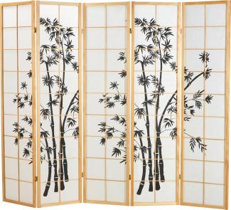 Paravent Raumteiler 5 teilig, Holz Natur, Reispapier Weiß, Bambusmuster, Höhe 179 cm