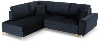 Micadoni 5-Sitzer Samtstoff Ecke links Sofa mit Bettfunktion und Box Moghan | Bezug Dark Blue | Beinfarbe Gold Metal